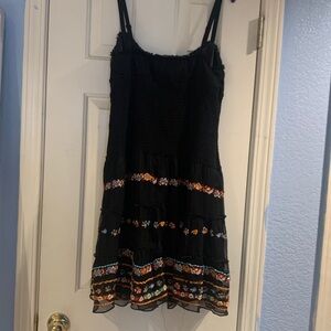 Spenser Jeremy Black Tiered Sundress  with Multicolor Floral Embroidery